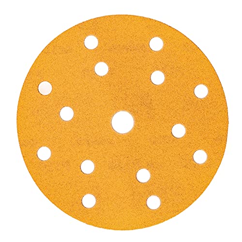 Mirka Gold Uniwersalny papier ścierny Ø 150mm Krążki ścierne na rzep 15 otworów, ziarnistość P60, 50 sztuk/Do szlifowania tynku, szpachli, płyt wiórowych, drewna, lakieru Mirka Gold Uniwersalny papier ścierny Ø 150mm Krążki ścierne na rzep 15 otworów, ziarnistość P60, 50 sztuk/Do szlifowania tynku, szpachli, płyt wiórowych, drewna, lakieru