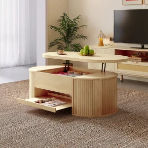 Jasny, naturalny stolik kawowy z podnoszonym blatem i wysuwaną półką – idealny do salonów i gabinetów 4429540 Jasny, naturalny stolik kawowy z podnoszonym blatem i wysuwaną półką – idealny do salonów i gabinetów 4429540