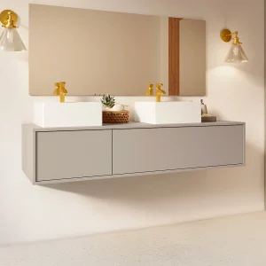 Szafka łazienkowa wisząca w kolorze beżowym z podwójną kwadratową umywalką – L150 cm – ISAURE II 4509840