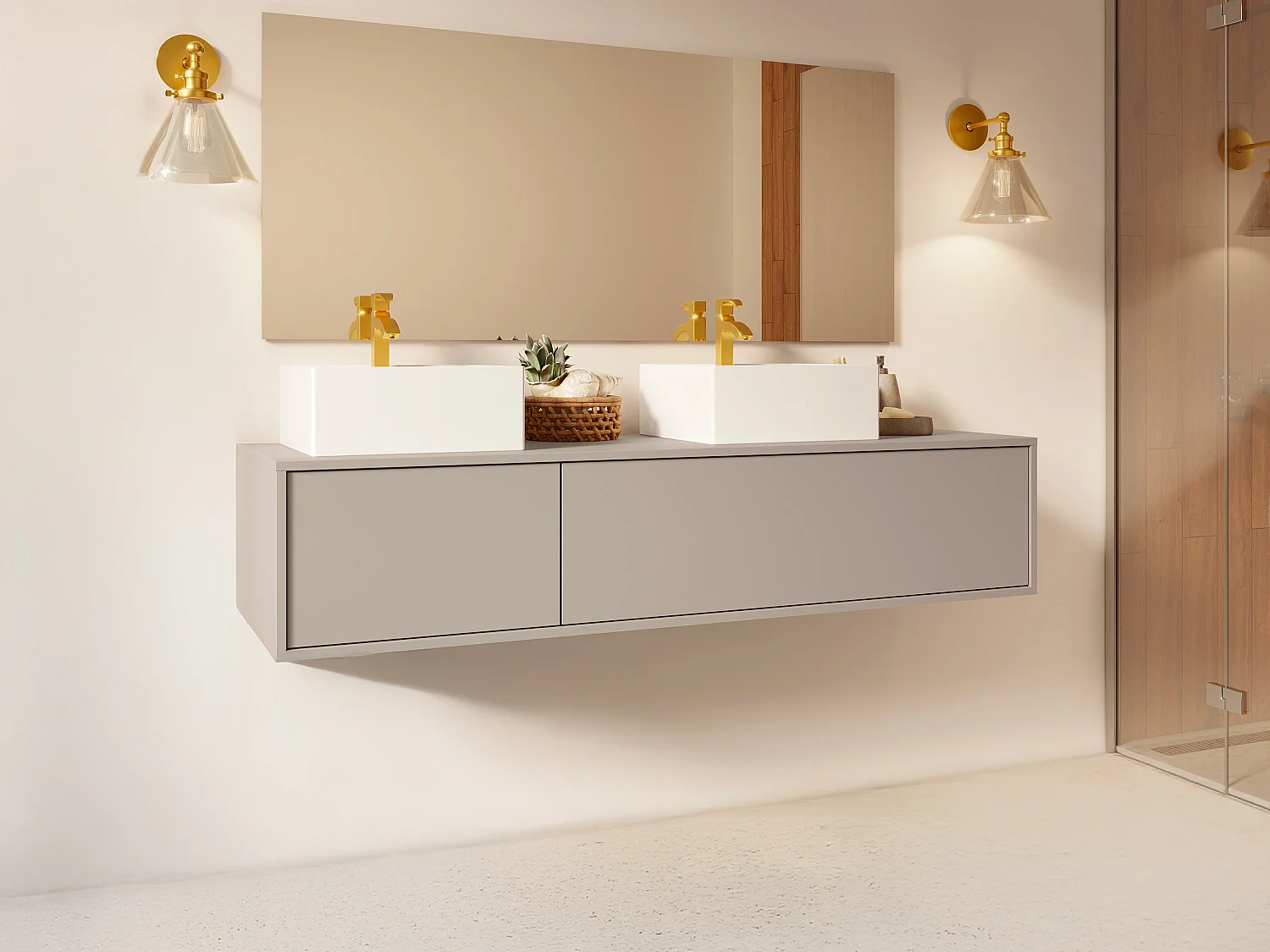 Szafka łazienkowa wisząca w kolorze beżowym z podwójną kwadratową umywalką - L150 cm - ISAURE II 4509840 - obrazek 1