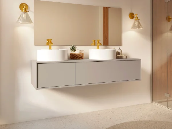 Szafka łazienkowa wisząca w kolorze beżowym z podwójną okrągłą umywalką – L150 cm – ISAURE II 4509841 Szafka łazienkowa wisząca w kolorze beżowym z podwójną okrągłą umywalką – L150 cm – ISAURE II 4509841
