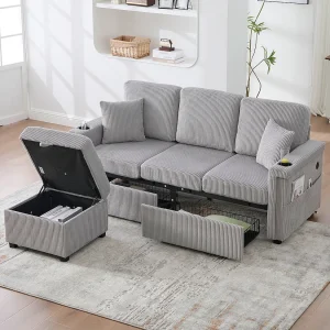 Jasnoszara sofa 4-osobowa – Sofa narożna z oświetleniem LED i podnóżkiem ze schowkiem – uchwyt na kubek i boczne kieszenie – sztruks 4519319 Jasnoszara sofa 4-osobowa – Sofa narożna z oświetleniem LED i podnóżkiem ze schowkiem – uchwyt na kubek i boczne kieszenie – sztruks 4519319