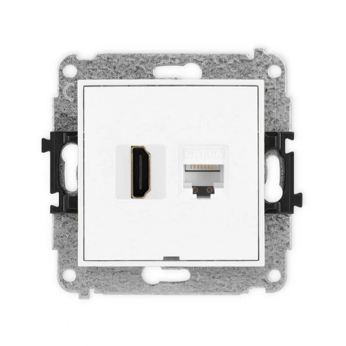 MINI Mechanizm gniazda HDMI 2.1, 8K + gniazda komp. poj. 1xRJ45, kat. 6A, 8‑stykowy, bez pola opisowego biały MGHKBO‑86A - obrazek 1