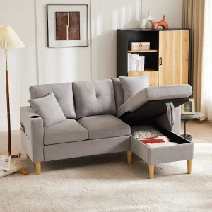 Jasnoszara sofa 3-osobowa – Narożnik z 2 poduszkami i uchwytem na kubek – kieszenie boczne i schowek – bawełna i len 4626503 Jasnoszara sofa 3-osobowa – Narożnik z 2 poduszkami i uchwytem na kubek – kieszenie boczne i schowek – bawełna i len 4626503