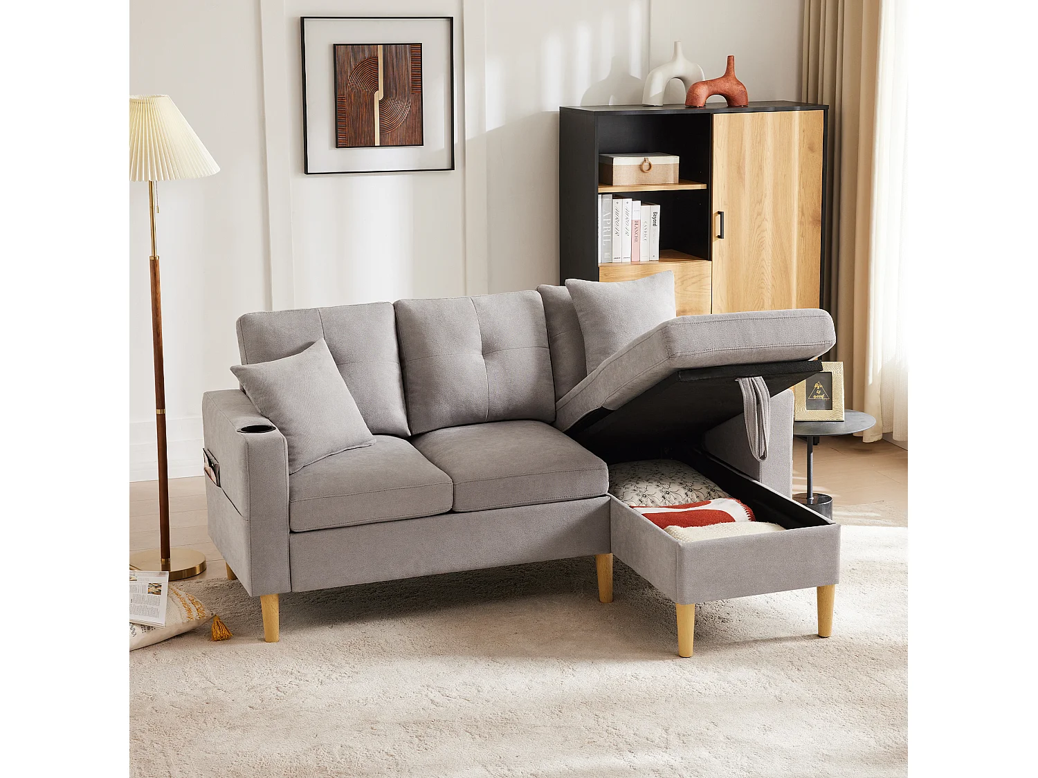 Jasnoszara sofa 3-osobowa - Narożnik z 2 poduszkami i uchwytem na kubek - kieszenie boczne i schowek - bawełna i len 4626503 - obrazek 1