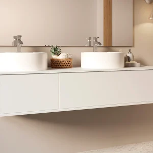 Wisząca szafka z podwójną umywalką do łazienki, w kolorze białym – L150 cm – ISAURE II 4620638