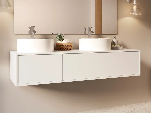 Wisząca szafka z podwójną umywalką do łazienki, w kolorze białym – L150 cm – ISAURE II 4620638 Wisząca szafka z podwójną umywalką do łazienki, w kolorze białym – L150 cm – ISAURE II 4620638