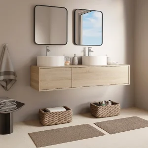 Wisząca szafka z podwójną umywalką do łazienki, w jasnym, naturalnym kolorze – L150 cm – ISAURE II 4620637