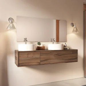 Wisząca szafka z podwójną umywalką do łazienki, w kolorze ciemny naturalny – L150 cm – ISAURE II 4620636 Wisząca szafka z podwójną umywalką do łazienki, w kolorze ciemny naturalny – L150 cm – ISAURE II 4620636