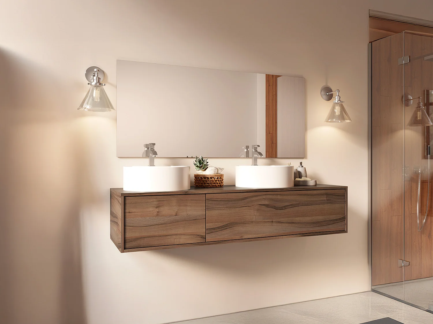 Wisząca szafka z podwójną umywalką do łazienki, w kolorze ciemny naturalny - L150 cm - ISAURE II 4620636 - obrazek 1