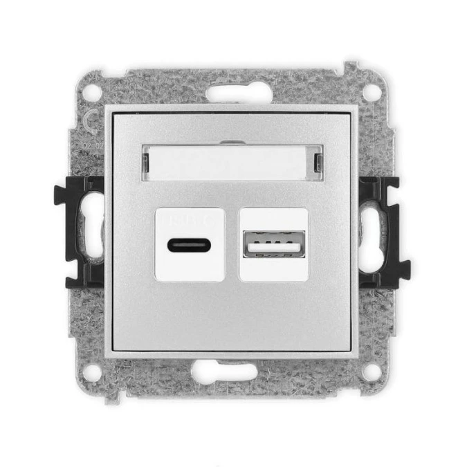 MINI Mechanizm ładowarki USB podwójnej USB C + USB A, 20W max., srebrny metalik 7MCUSB‑8 - obrazek 1