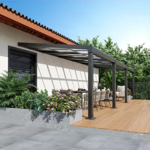 Pergola aluminiowa przyścienna z przesuwanym dachem – 27 m² – antracytowa – IZEDA 4631436 Pergola aluminiowa przyścienna z przesuwanym dachem – 27 m² – antracytowa – IZEDA 4631436