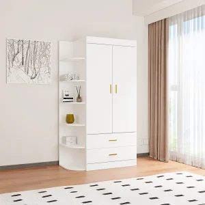 Szafa 2-drzwiowa z 2 szufladami i 6 półkami – szer. 100 cm – Biała i złota – GRIMORI 3768217 Szafa 2-drzwiowa z 2 szufladami i 6 półkami – szer. 100 cm – Biała i złota – GRIMORI 3768217