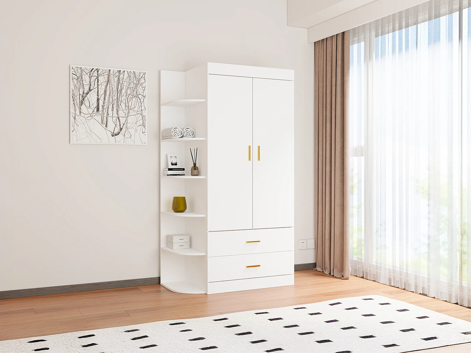 Szafa 2-drzwiowa z 2 szufladami i 6 półkami - szer. 100 cm - Biała i złota - GRIMORI 3768217 - obrazek 1