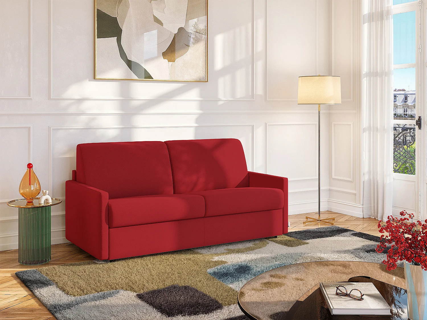 Kanapa 4-osobowa rozkładana typu express z tkaniny -Czerwony - Pow. spania 160 cm - Materac 18 cm CALIFE 129499 - obrazek 1