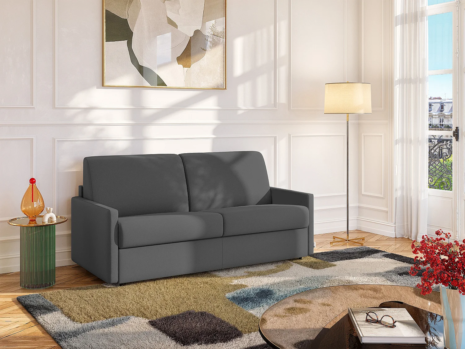 Kanapa 3-osobowa rozkładana typu express z tkaniny - Szary - Pow. spania 140 cm - Materac 14 cm CALIFE 129401 - obrazek 1