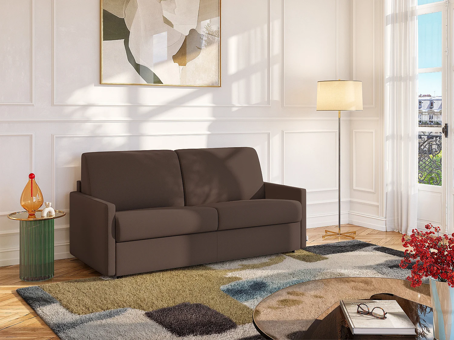Kanapa 3-osobowa rozkładana typu express z tkaniny - Brązowy - Pow. spania 140 cm - Materac 18 cm CALIFE 129469 - obrazek 1