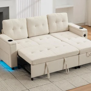 Kanapa narożna 3-osobowa 208x146x89,5 cm – Składana – z oświetleniem LED – z uchwytem na kubek i torbą do przechowywania – Beżowy 4806052 Kanapa narożna 3-osobowa 208x146x89,5 cm – Składana – z oświetleniem LED – z uchwytem na kubek i torbą do przechowywania – Beżowy 4806052