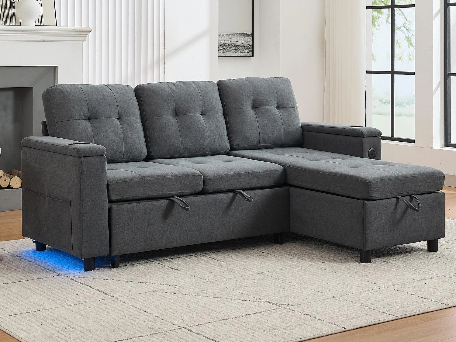 Kanapa narożna 3-osobowa 208x146x89,5 cm - Składana - z oświetleniem LED - z uchwytem na kubek i torbą do przechowywania - Szary 4806135 - obrazek 1