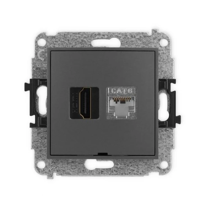 MINI Mechanizm gniazda HDMI 2.0, 4K + gniazda 1xRJ45, kat. 6, ekranowany, 8‑stykowy, bez opisu grafitowy mat 28MGHKBO‑46 - obrazek 1