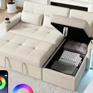 Kanapa narożna 3-osobowa – rozkładana do łóżka – z oświetleniem LED + USB – oparcie regulowane z poduszkami – Tkanina chenille – beżowy 4832039 Kanapa narożna 3-osobowa – rozkładana do łóżka – z oświetleniem LED + USB – oparcie regulowane z poduszkami – Tkanina chenille – beżowy 4832039