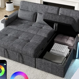 Kanapa narożna 3-osobowa – rozkładana do łóżka – z oświetleniem LED + USB – oparcie regulowane z poduszkami – Tkanina chenille – szary 4832074 Kanapa narożna 3-osobowa – rozkładana do łóżka – z oświetleniem LED + USB – oparcie regulowane z poduszkami – Tkanina chenille – szary 4832074