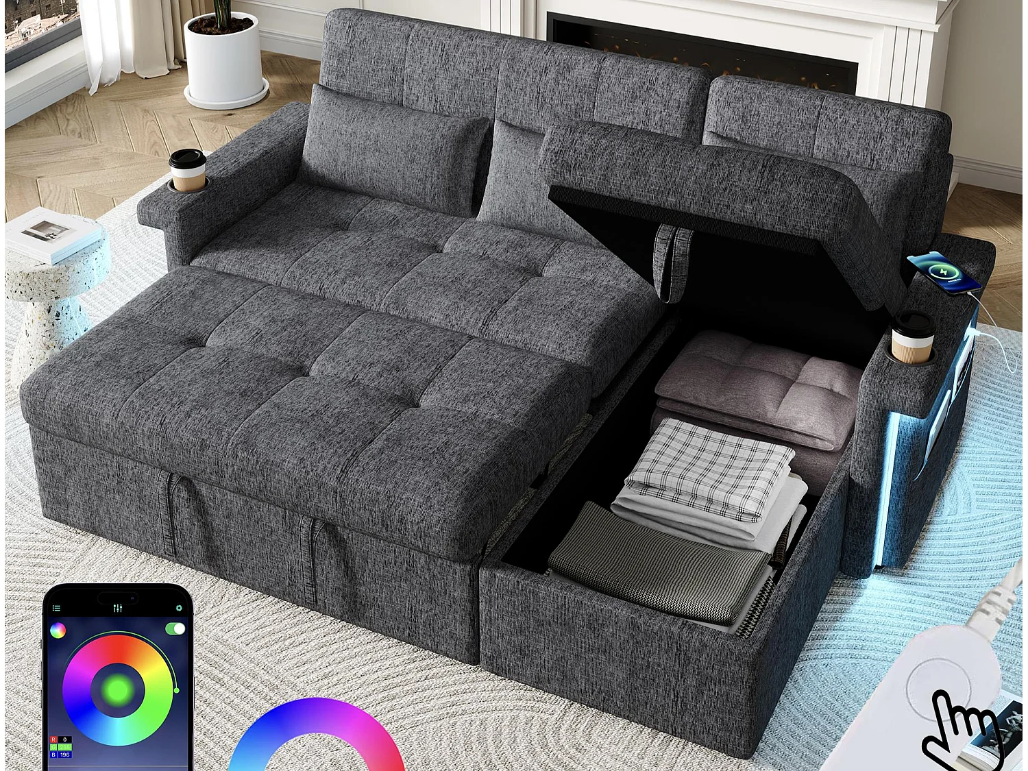 Kanapa narożna 3-osobowa - rozkładana do łóżka - z oświetleniem LED + USB - oparcie regulowane z poduszkami - Tkanina chenille - szary 4832074 - obrazek 1