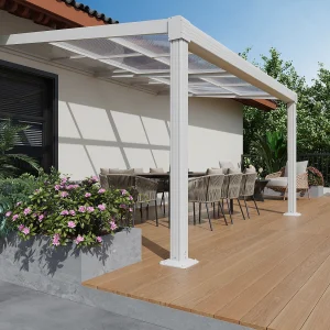 Pergola przyścienna aluminiowa z przesuwnym dachem – 12 m² – biała – IZEDA 4361965 Pergola przyścienna aluminiowa z przesuwnym dachem – 12 m² – biała – IZEDA 4361965