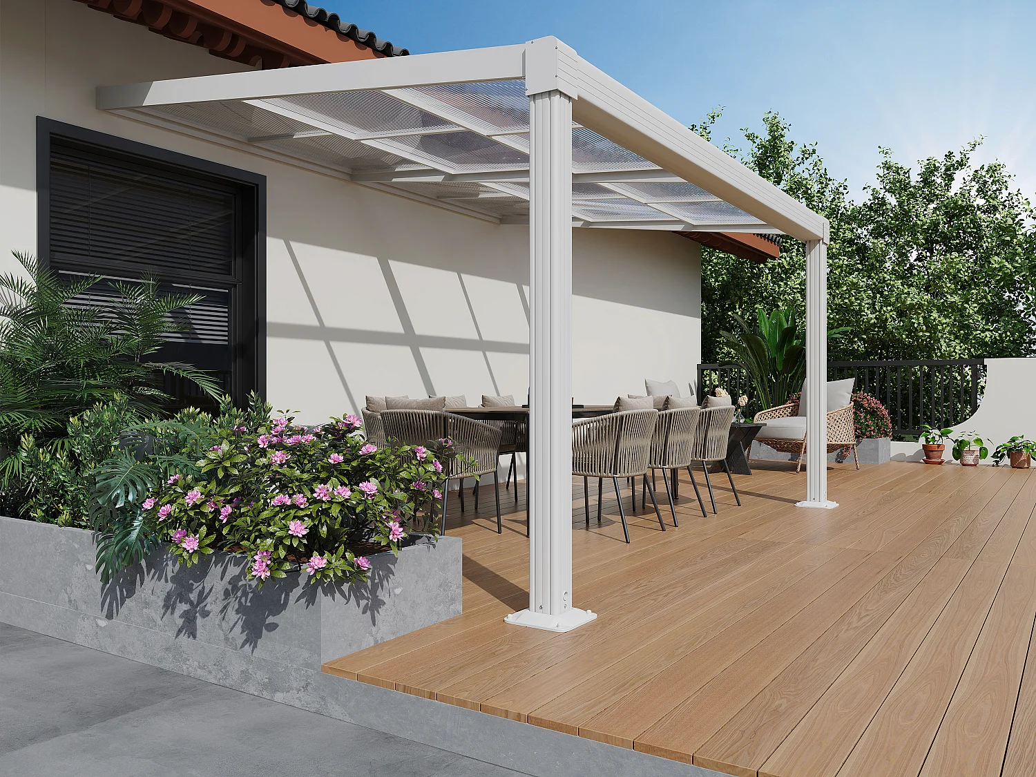 Pergola przyścienna aluminiowa z przesuwnym dachem - 12 m² - biała - IZEDA 4361965 - obrazek 1