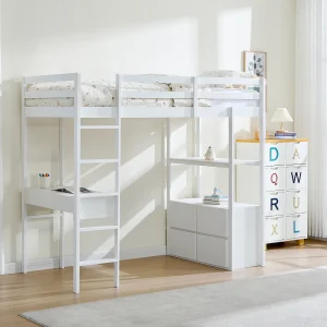 Łóżko antresola 90 x 190 cm z biurkiem i miejscami do przechowywania – Sosna i MDF – Białe – KALIZI 4077063 Łóżko antresola 90 x 190 cm z biurkiem i miejscami do przechowywania – Sosna i MDF – Białe – KALIZI 4077063