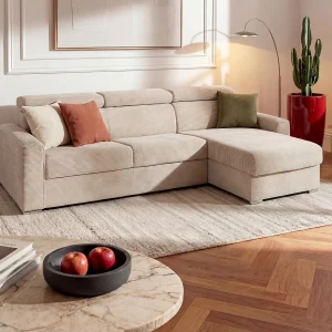 Kanapa narożna dwustronna rozkładana typu express z beżowego sztruksu – Miejsce do spania 140 cm – Materac 14 cm – VIZIR 1636075 Kanapa narożna dwustronna rozkładana typu express z beżowego sztruksu – Miejsce do spania 140 cm – Materac 14 cm – VIZIR 1636075