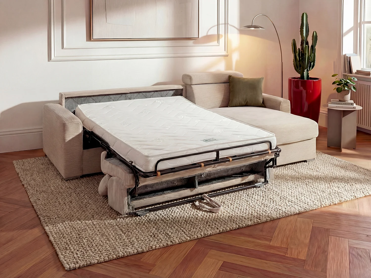 Kanapa narożna dwustronna rozkładana typu express z beżowego sztruksu - Miejsce do spania 160 cm - Materac 22 cm - VIZIR 1652949 - obrazek 1