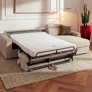 Kanapa narożna dwustronna rozkładana typu express z beżowego sztruksu – Miejsce do spania z szerokimi listewkami 160 cm – Materac 22 cm – VIZIR 1652951 Kanapa narożna dwustronna rozkładana typu express z beżowego sztruksu – Miejsce do spania z szerokimi listewkami 160 cm – Materac 22 cm – VIZIR 1652951