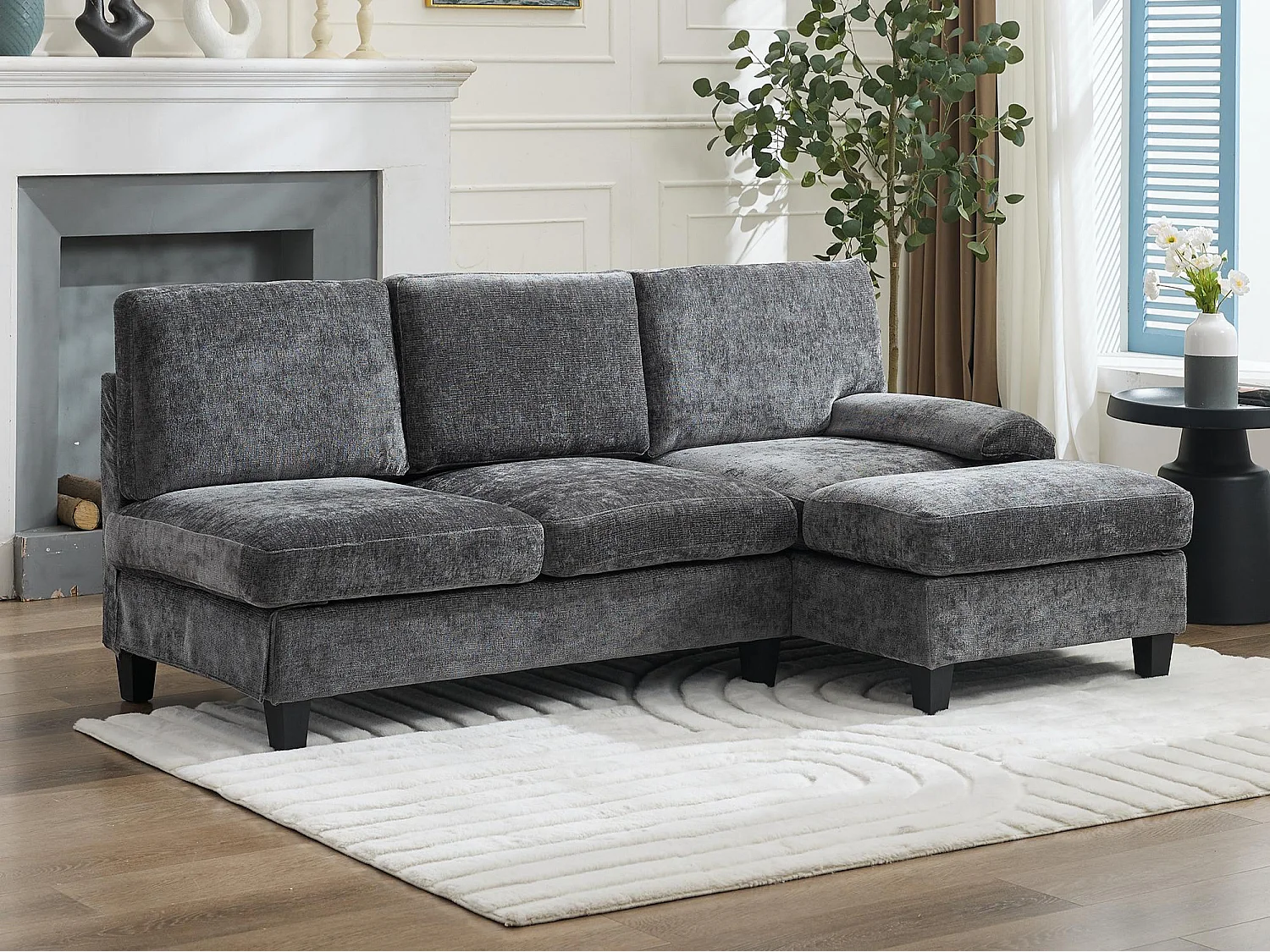 Kanapa narożna 3-osobowa w kształcie litery L - 194x118x81 cm - Modułowa - Miękkie poduszki - Len - Szary 4860519 - obrazek 1