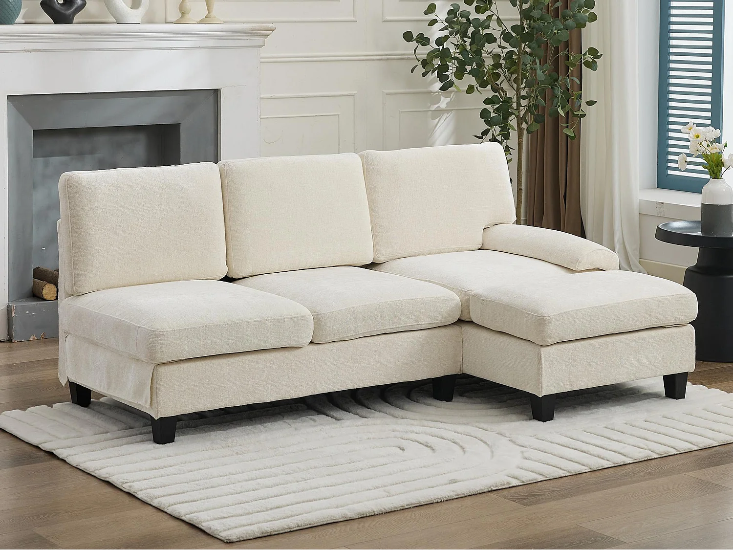 Kanapa narożna 3-osobowa w kształcie litery L - 194x118x81 cm - Modułowa - Miękkie poduszki - Len - Beżowy 4860516 - obrazek 1