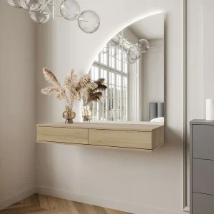 Toaletka podwieszana z lustrem LED – 2 szuflady – Kolor: Jasny naturalny – JINEZA 4815552 Toaletka podwieszana z lustrem LED – 2 szuflady – Kolor: Jasny naturalny – JINEZA 4815552