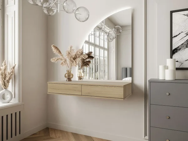 Toaletka podwieszana z lustrem LED – 2 szuflady – Kolor: Jasny naturalny – JINEZA 4815552