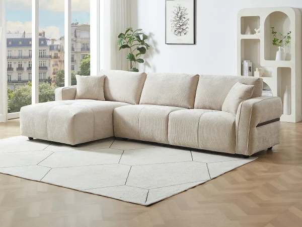 Kanapa narożna lewostronna z beżowej tkaniny teksturowanej GOSALO od Maison Céphy 4785516 Kanapa narożna lewostronna z beżowej tkaniny teksturowanej GOSALO od Maison Céphy 4785516