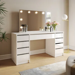 Podwójna toaletka z lustrem LED – 9 szuflad – Biały połysk – JENEMI 4884495 Podwójna toaletka z lustrem LED – 9 szuflad – Biały połysk – JENEMI 4884495