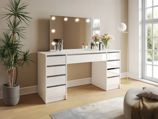 Podwójna toaletka z lustrem LED – 9 szuflad – Biały połysk – JENEMI 4884495