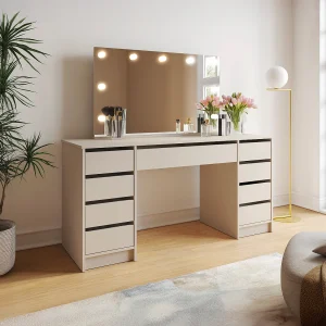 Podwójna toaletka z lustrem LED – 9 szuflad – Beżowa – JENEMI 4884501 Podwójna toaletka z lustrem LED – 9 szuflad – Beżowa – JENEMI 4884501