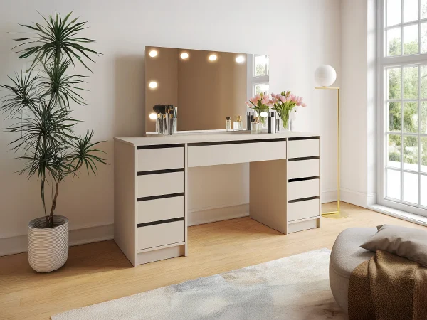 Podwójna toaletka z lustrem LED – 9 szuflad – Beżowa – JENEMI 4884501