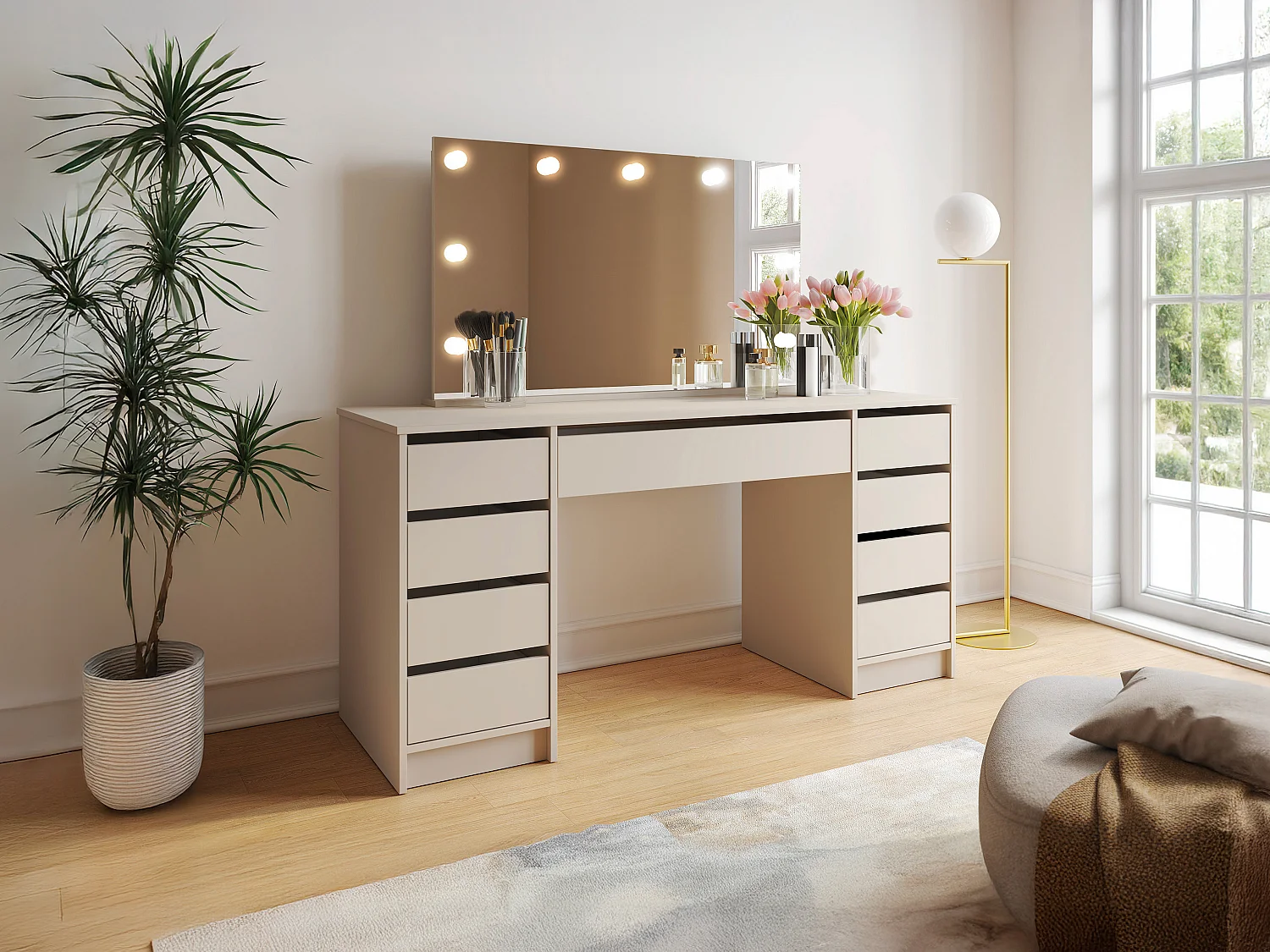 Podwójna toaletka z lustrem LED - 9 szuflad – Beżowa - JENEMI 4884501 - obrazek 1