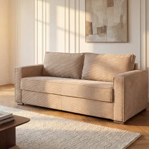 Kanapa 3-osobowa rozkładana typu express ze sztruksu taupe – Miejsce do spania 140 cm – Materac 22 cm z pamięcią kształtu – LORETO 3296290 Kanapa 3-osobowa rozkładana typu express ze sztruksu taupe – Miejsce do spania 140 cm – Materac 22 cm z pamięcią kształtu – LORETO 3296290