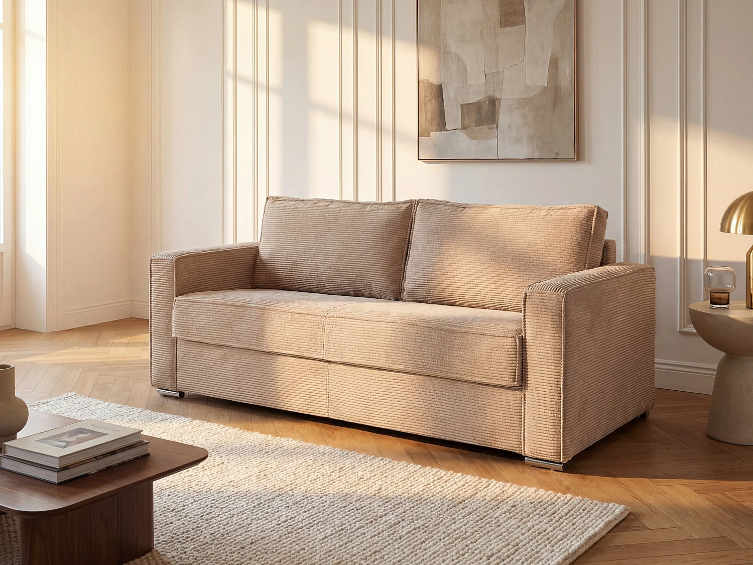 Kanapa 3-osobowa rozkładana typu express ze sztruksu taupe - Miejsce do spania 140 cm - Materac 22 cm z pamięcią kształtu - LORETO 3296290 - obrazek 1