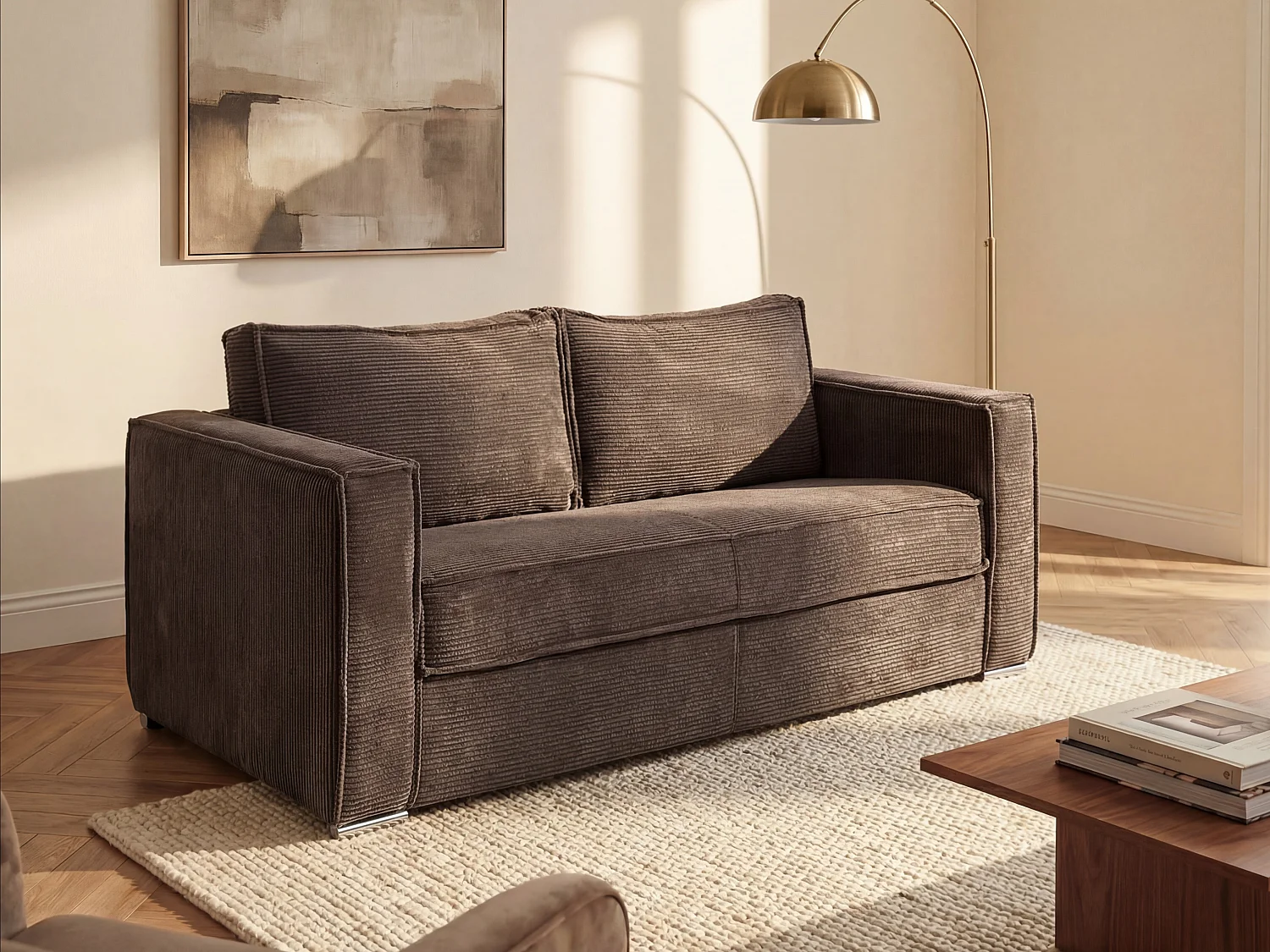 Kanapa 3-osobowa rozkładana typu express z brązowego sztruksu - Miejsce do spania 140 cm - Materac 18 cm - LORETO 850073 - obrazek 1