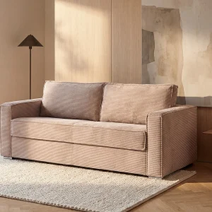 Kanapa 3-osobowa rozkładana typu express z różowego sztruksu – Miejsce do spania z szerokimi listewkami 140 cm – Materac 14 cm – LORETO 3296698