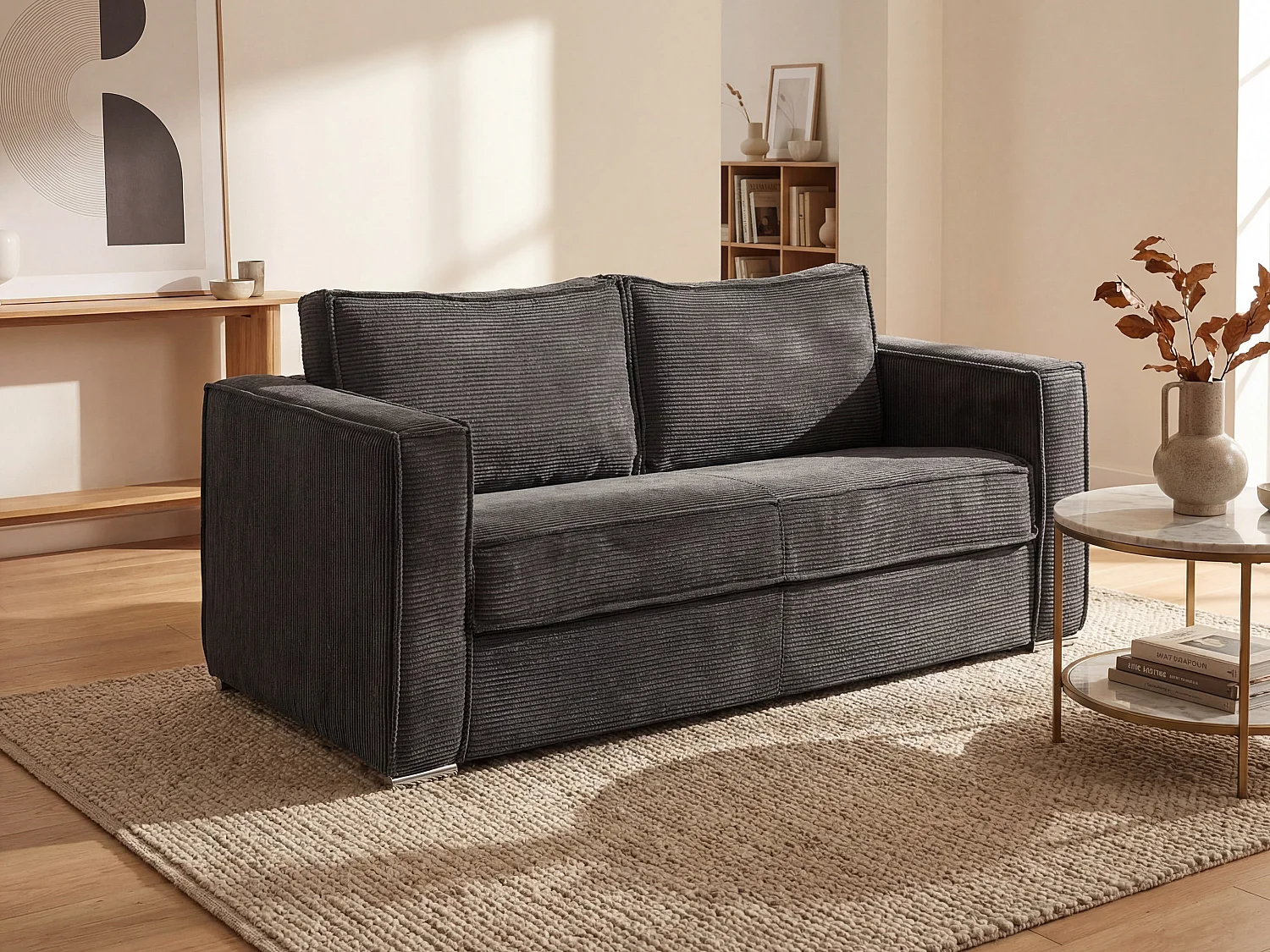 Kanapa 4-osobowa rozkładana typu express z antracytowego sztruksu - Miejsce do spania 160 cm - Materac 18 cm - LORETO 850077 - obrazek 1