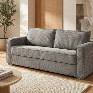 Kanapa 3-osobowa rozkładana typu express z jasnoszarego sztruksu – Miejsce do spania z szerokimi listewkami 140 cm – Materac 14 cm – LORETO 3296695