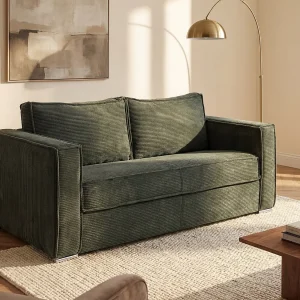 Kanapa 3-osobowa rozkładana typu express ze sztruksu w butelkowej zieleni – Miejsce do spania 140 cm – Materac 18 cm – LORETO 850075 Kanapa 3-osobowa rozkładana typu express ze sztruksu w butelkowej zieleni – Miejsce do spania 140 cm – Materac 18 cm – LORETO 850075